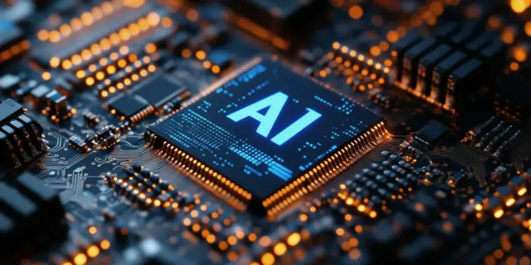 Taiwan está aprimorando a vanguarda da IA e da sustentabilidade  14 Logotipo de IA em um chip, com luz azul brilhando em um ambiente escuro. (PRNewsfoto/INNOVATION HUB, TAITRA)