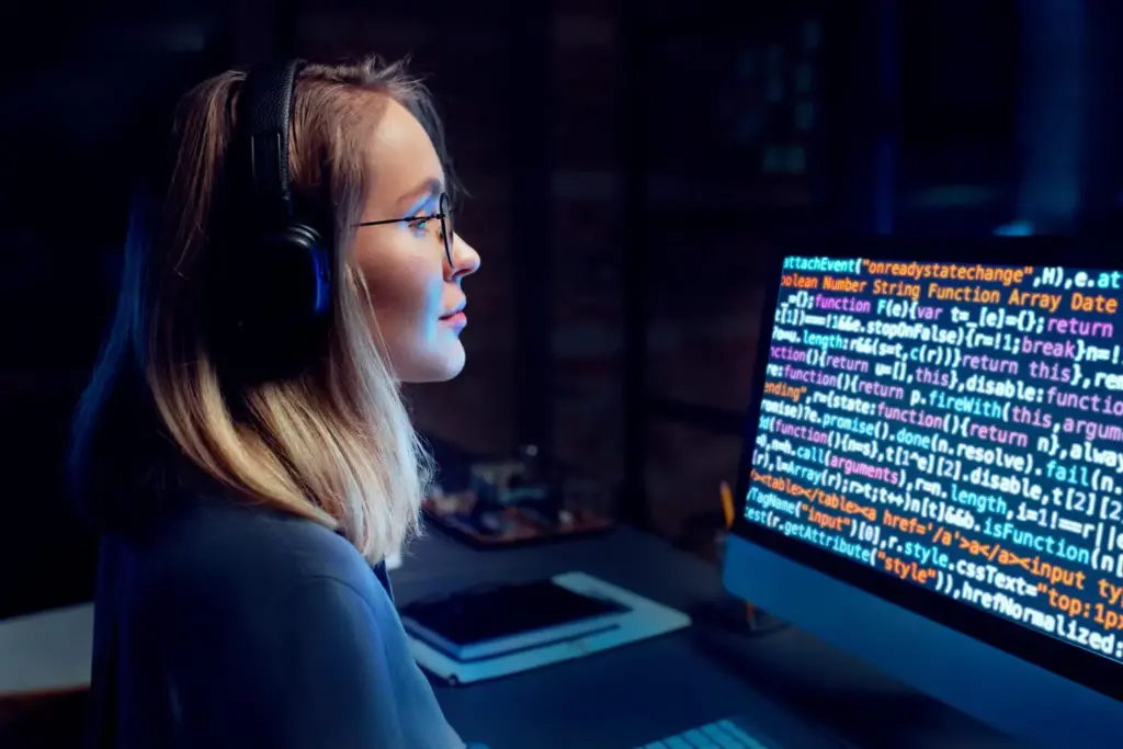 Mulher jovem usando óculos em frente ao computador programando.