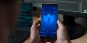 Celular com ícone de segurança digital na tela, representando aplicativos de segurança digital.