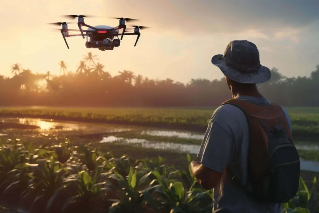 Drone sobrevoando plantação ao entardecer, operado por homem com chapéu e mochila.