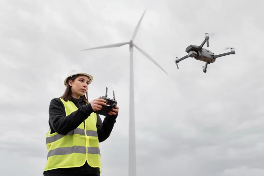 Técnica com colete refletivo e capacete operando drone em frente a turbina eólica em céu nublado.