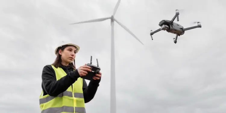 Técnica com colete refletivo e capacete operando drone em frente a turbina eólica em céu nublado.