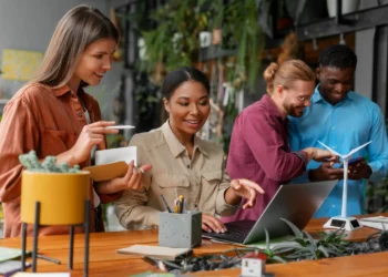 Grupo em ambiente sustentável pesquisa franquias de tecnologia em laptop e celular.