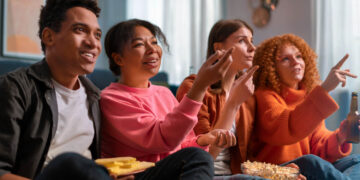 Grupo animado reage a séries novas para maratonar, segurando pipoca e bebidas no sofá.