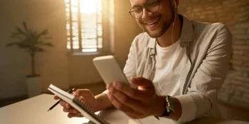 Homem sorrindo enquanto pesquisa sobre Bom Pra Crédito no celular, com caderno e fones de ouvido.