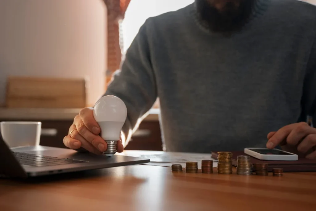 Homem segura lâmpada próximo a uma calculadora, uma pilha de moedas e um notebook. Falando de conta de luz.