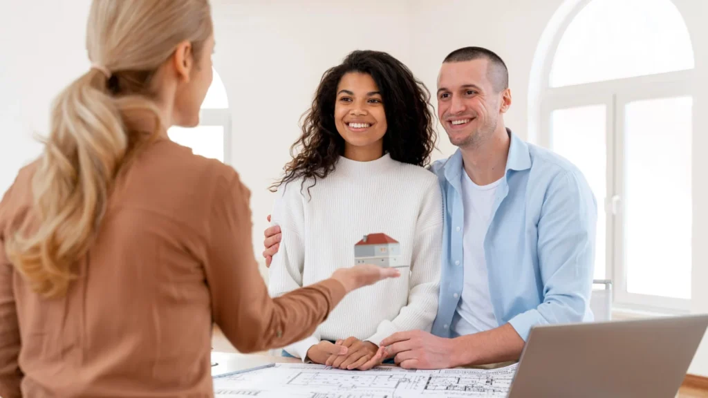 Casal sorridente conversa com corretora sobre financiamento imobiliário em 2025, analisando projeto da casa.