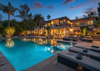 Casa de alto padrão com amplo espaço, dos pavimentos e uma grande piscina, que aparece em primeiro plano. Estamos falando de imóveis de luxo.