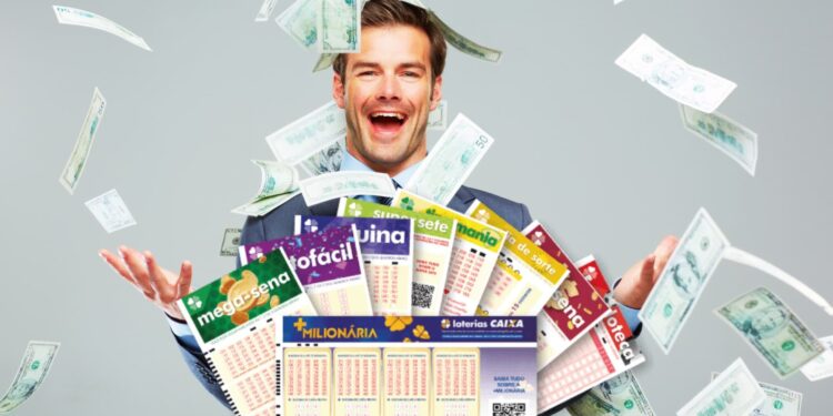 homem de terno com dinheiro voando e muitos volantes das loterias da Caixa: como-funciona-bolão-da-caixa