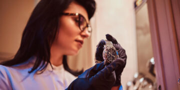 Hobbies de Luxo: Como a Classe Alta Tem Aproveitado o Tempo Livre em 2025? 5 Mulher examinando relógio de luxo com luvas, destacando hobbies de luxo.