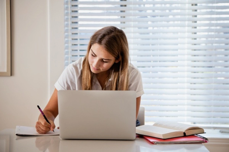 Jovem estuda para concursos utilizando o seu notebook. 