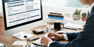 Vagas Temporárias: Como Garantir uma Renda Extra em 2025? 5 Homem em escritório preenchendo formulário de currículo para vagas temporárias.