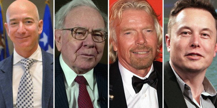 Crédito Fotos - Da Esquerda para a Direita:
Jeff Bezos por Van Ha | Warren Buffett por USA International Trade Administration |Richard Branson por David Shankbone | Elon Musk por Steve Jurvetson